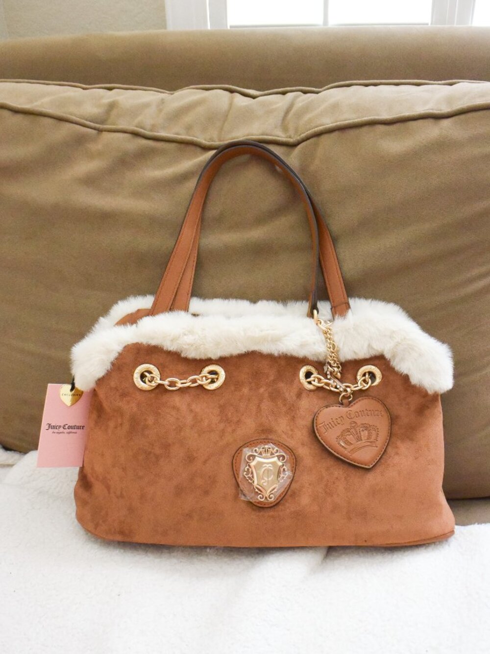*Juicy Couture* Glamour Gang Satchel Purse/Bag- "Cinnamon" Faux Fur Suede - NEW!